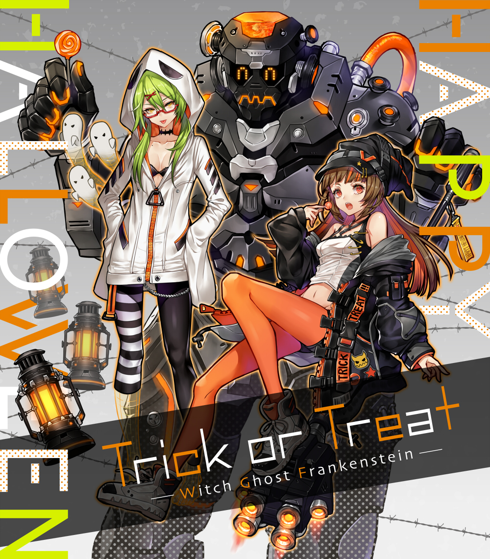 2girls black_legwear breasts candy food ghost glasses green_hair hair_ornament hairclip halloween halloween_costume happy_halloween hat jacket multicolored_hair multiple_girls orange_eyes orange_pantyhose original pantyhose senano-yu shoes small_breasts sneakers trick_or_treat twintails