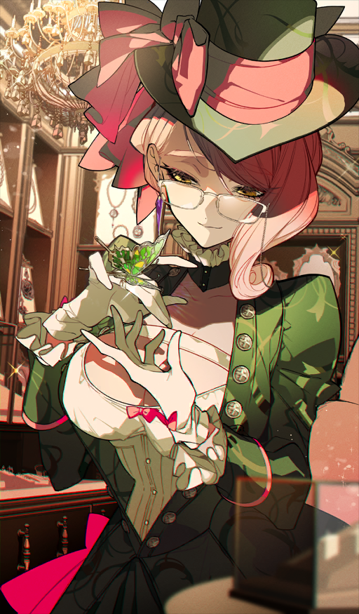 1girl bow breasts bug butterfly buttons cleavage collarbone detached_collar dress earrings fate/grand_order fate_(series) fox_girl fox_tail glasses gloves green_dress green_hat hat hat_bow insect jewelry koyanskaya_(british_lostbelt_outfit)_(fate) koyanskaya_(fate) large_breasts long_hair long_sleeves mochizuki_kei official_art pink_bow pink_hair smile solo swept_bangs tail tamamo_(fate) textless_version white_gloves yellow_eyes