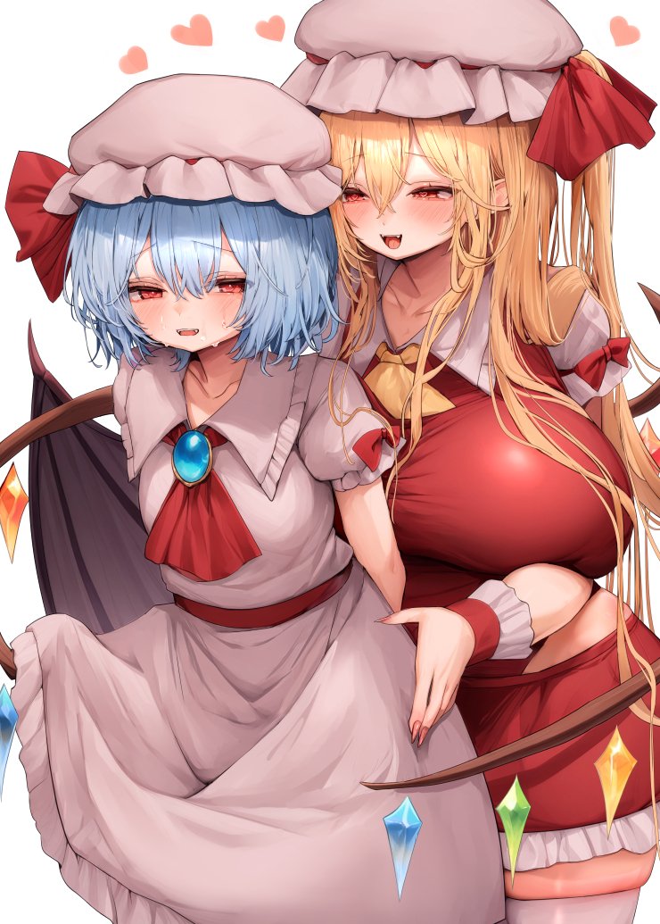 2girls alternate_breast_size bat_wings black_wings blonde_hair blue_hair blush breasts cowboy_shot crystal_wings flandre_scarlet hat heart huge_breasts long_hair mikan_(manmarumikan) mob_cap multiple_girls pink_hat pink_shirt pink_skirt pointy_ears red_eyes red_shirt red_skirt remilia_scarlet shirt short_hair siblings side_ponytail sisters skirt touhou wings yuri