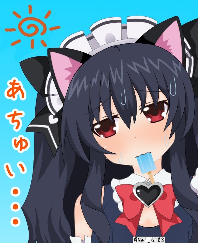 animal_ears apron bare_shoulders black_hair breasts cat cat_ears cat_girl cleavage collar dress food hairband ice_cream ice_loli ice_pop iceloli icepop long_hair maid necko nel_6108 neptune_(series) red_eyes ribbon small_breasts tsundere twintails two_side_up uni_(neptunia) upper_body