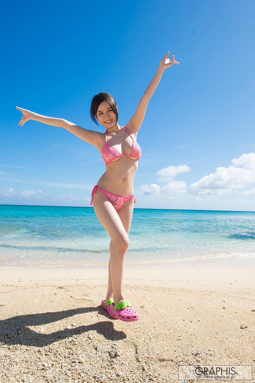 Yoshikawa Aimi Highres Tagme 1girl Armpits Arms Up Beach Bikini Blue Sky Breasts Brown