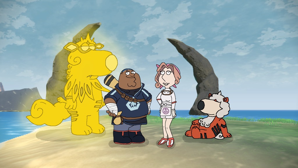 1boy 1girl arm_wrap bandana belt black_footwear blonde_hair boots brian_griffin brown_bag brown_belt closed_mouth cloud creatures_(company) crossover dark-skinned_male dark_skin day family_guy frown game_freak hisuian_arcanine hisuian_growlithe iscan_(pokemon) jacket knees lois_griffin nintendo outdoors palina_(pokemon) peter_griffin pokemon pokemon_legends:_arceus short_hair shorts skirt sky standing white_shorts