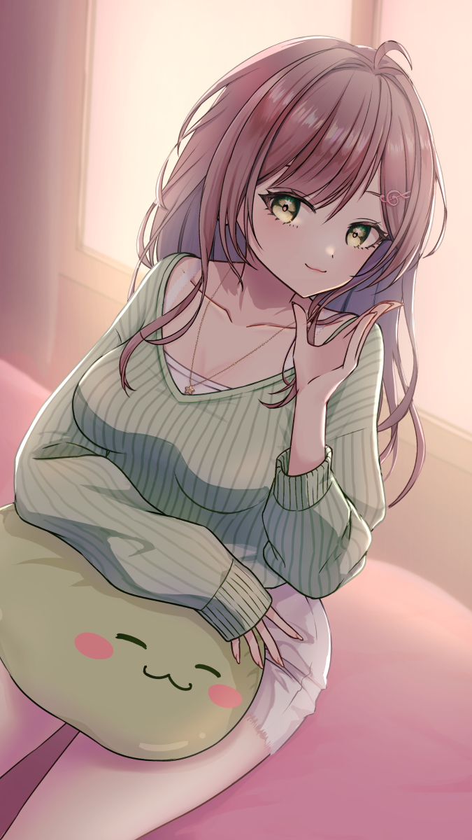 1girl :3 ahoge breasts brown_hair closed_mouth collarbone green_eyes green_sweater hair_ornament hairclip hand_up highres indie_virtual_youtuber jewelry long_hair long_sleeves looking_at_viewer medium_breasts miori_celesta mogu_(miori_celesta) necklace ribbed_sweater short_shorts shorts sitting sleeves_past_wrists smile solo sweater thighs uni_(maru231) virtual_youtuber white_shorts