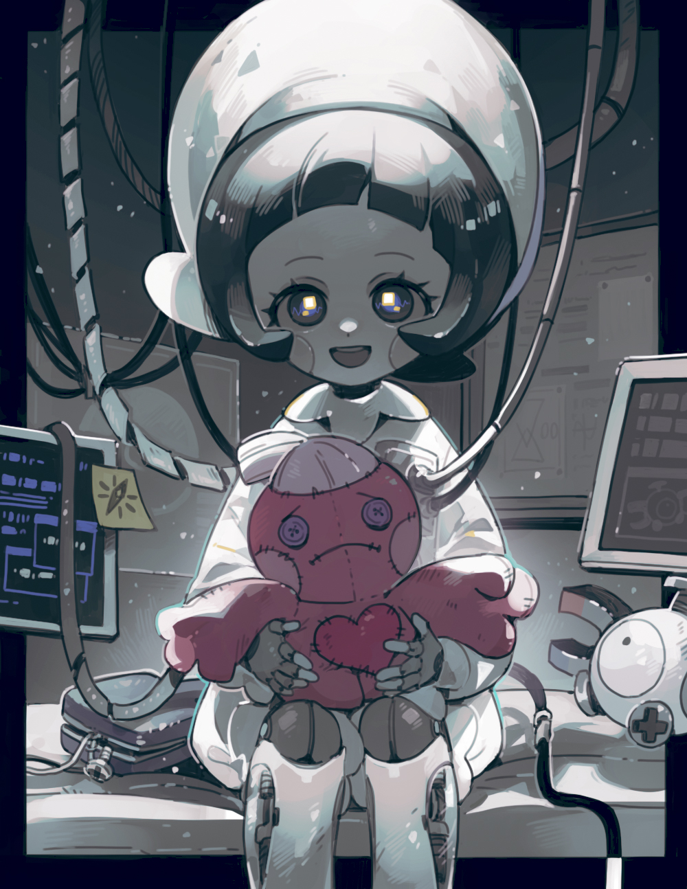 1girl :d black_hair blush_stickers bonnet character_doll child commentary creatures_(company) english_commentary feet_out_of_frame game_freak gen_1_pokemon highres holding holding_stuffed_toy looking_at_viewer luminous_slime magnemite mechanization nintendo open_mouth pokemon pokemon_(creature) pokemon_sv poppy_(pokemon) robot_girl sitting smile solo_focus stuffed_toy tinkatink