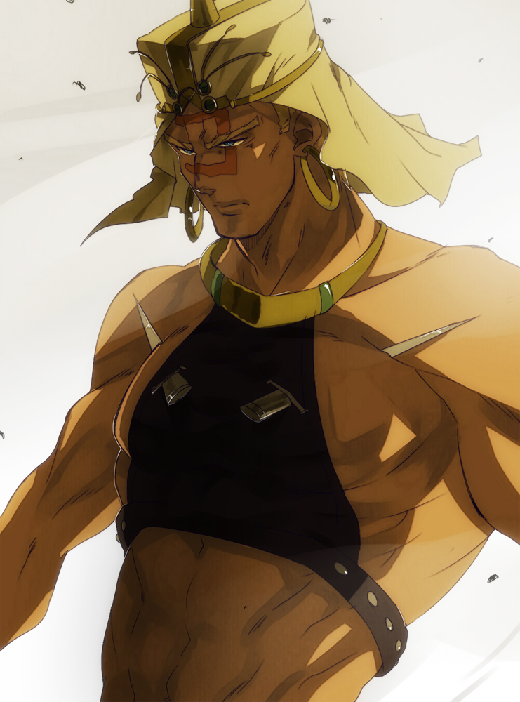 1boy dagger earrings facial_mark gurast hat hoop_earrings jewelry jojo_no_kimyou_na_bouken knife male_focus manly midriff muscular solo tattoo turban wamuu weapon