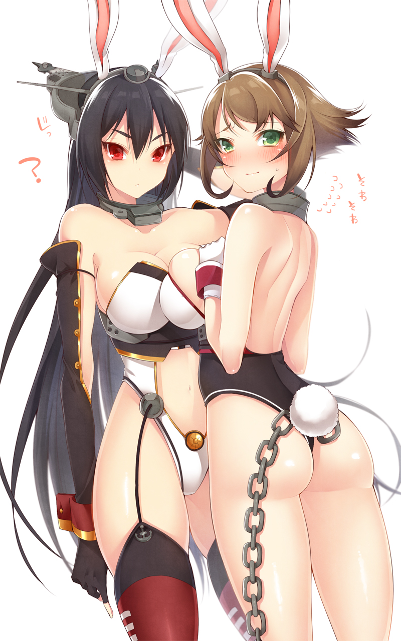 10s 2girls animal_ears ass backless_outfit black_hair blush breast_press breasts brown_hair rabbit_ears rabbit_tail chain cleavage fake_animal_ears green_eyes hattori_masaki highres kantai_collection large_breasts leotard multiple_girls mutsu_(kancolle) nagato_(kancolle) playboy_bunny red_eyes symmetrical_docking tail thighhighs thong_leotard