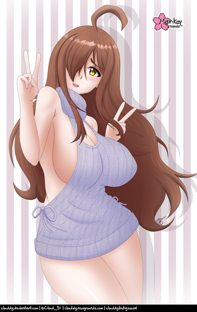 1girl bare_shoulders blush breasts brown_hair cleavage_cutout clothing_cutout cloud_dg double_v embarrassed huge_breasts kono_subarashii_sekai_ni_shukufuku_wo! large_breasts long_hair meme_attire one_eye_covered sideboob sleeveless v very_long_hair virgin_killer_sweater wiz_(konosuba) yellow_eyes