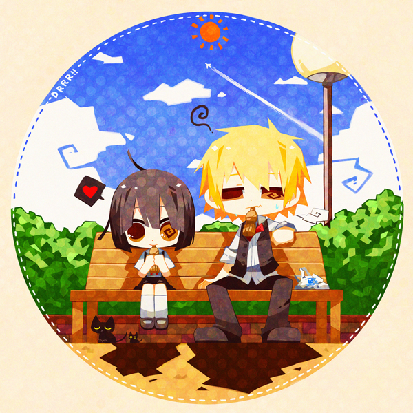 1boy 1girl aircraft airplane awakusu_akane bench black_hair blonde_hair bow bowtie cat durarara!! eriko_(chika) heart heiwajima_shizuo lamppost sitting sun vest waistcoat