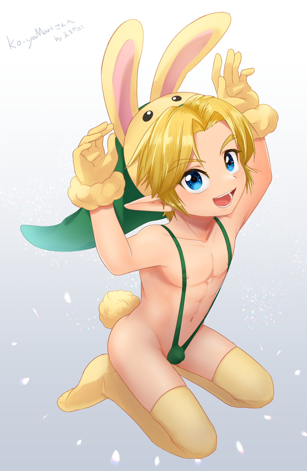 1boy animal_hood armpits bad_tag bare_hips bare_legs bent_over blonde_hair blue_eyes bulge child erotani fake_bunny_ears gloves green_hat groin hat highres hood kneeling legs link male male_solo nintendo nipples pointy_ears rabbit_hood shota slingshot_swimsuit swimsuit the_legend_of_zelda the_legend_of_zelda:_ocarina_of_time thighhighs young_link