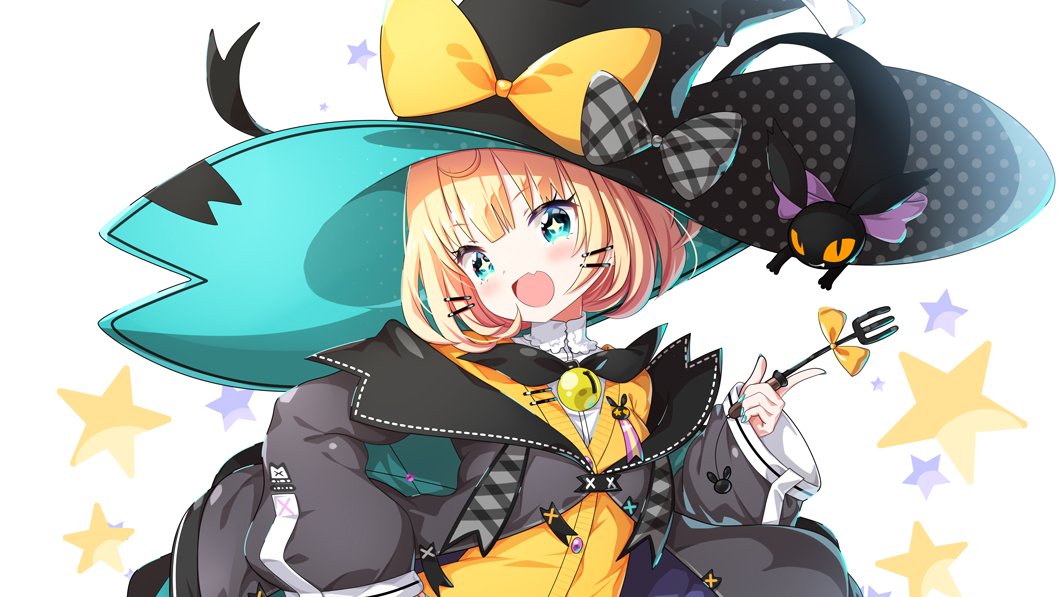 +_+ 1girl bell black_bow black_cat black_hat black_jacket bow cat fork green_nails grey_bow hair_bow hat head_tilt holding holding_fork jacket lucie_(millie_parfait) millie_parfait nail_polish neck_bell nijisanji nijisanji_en off_shoulder orange_bow orange_sweater short_hair solo star_(symbol) sweater virtual_youtuber white_background witch_hat zzz_(zzz00166403zzz)