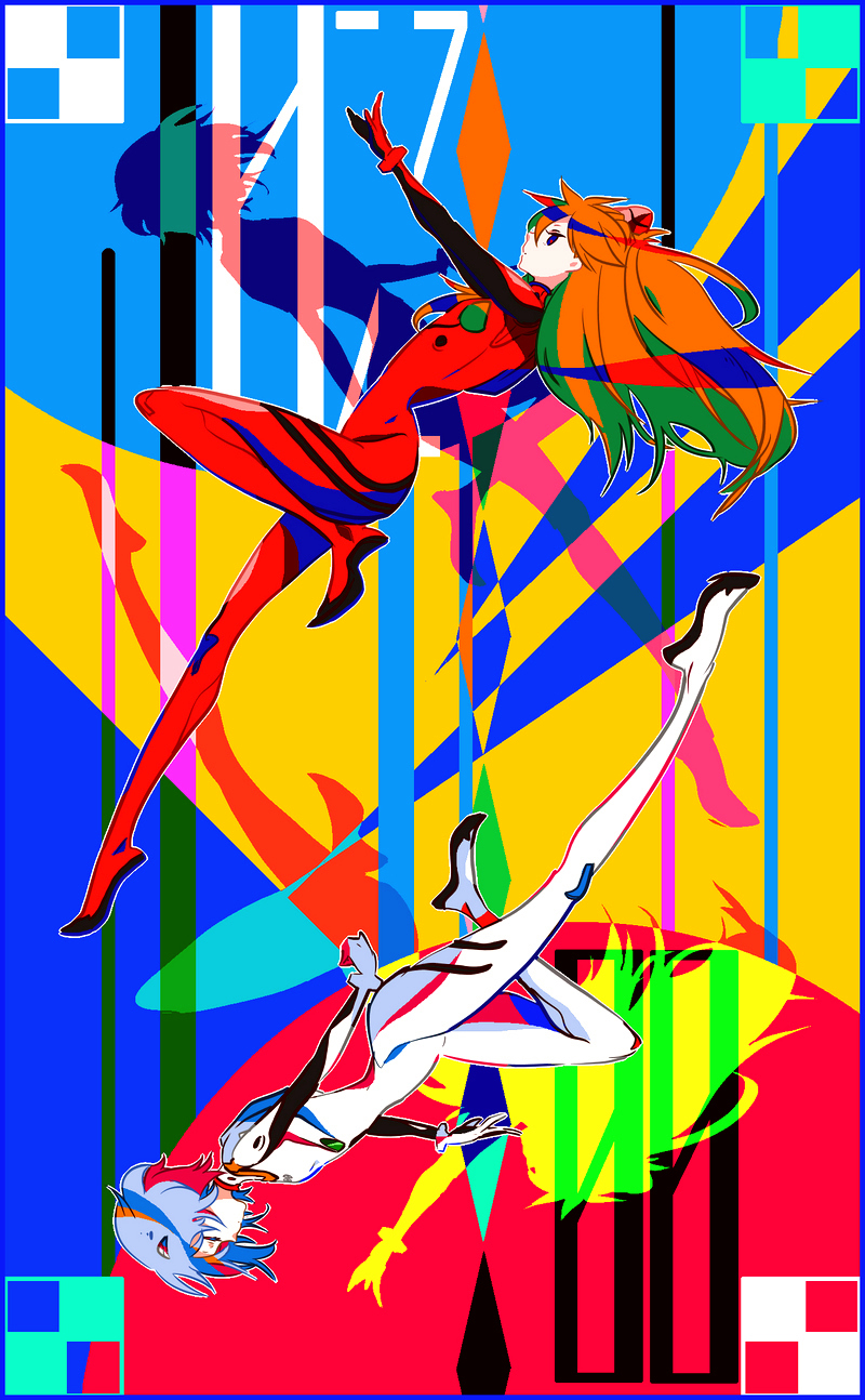 2girls ayanami_rei blue_hair bodysuit colorful highres mecha_pilot_suit multiple_girls neon_genesis_evangelion orange_hair plugsuit ramu_(jamink) silhouette souryuu_asuka_langley