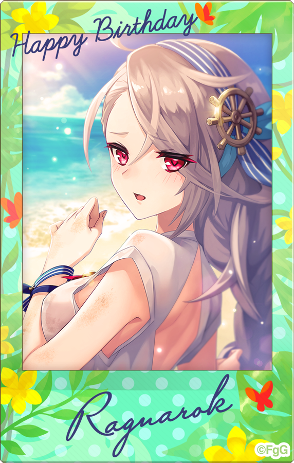 1girl ahoge ancient_killers_(phantom_of_the_kill) beach blue_hairband blue_sky blush breasts cloud commentary_request day grey_hair hair_between_eyes hair_ornament hairband hand_up long_hair looking_at_viewer ocean official_alternate_costume official_art open_mouth outdoors phantom_of_the_kill polaroid_photo ragnarok_(phantom_of_the_kill) red_eyes shoulder_blades sky solo very_long_hair