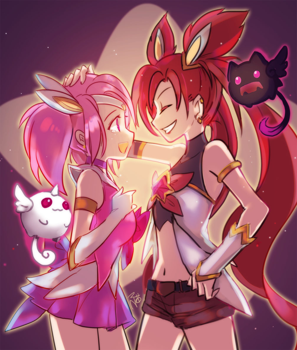 2girls aa2233a alternate_costume alternate_hairstyle bare_shoulders closed_eyes gloves hair_ornament hand_on_another&#039;s_head headband jewelry jinx_(league_of_legends) kuro_(league_of_legends) league_of_legends long_hair lux_(league_of_legends) magical_girl multiple_girls pink_hair red_eyes red_hair shiro_(league_of_legends) shorts skirt smile star_guardian_(league_of_legends) star_guardian_jinx star_guardian_lux thighhighs twintails