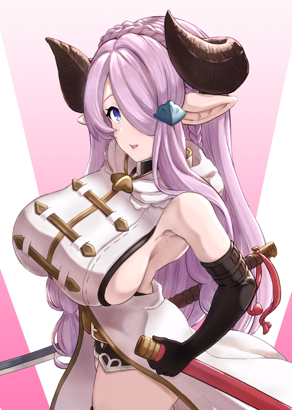 1girl bare_shoulders black_gloves blue_eyes braid breasts draph elbow_gloves gloves granblue_fantasy hair_over_one_eye highres holding holding_sheath holding_sword holding_weapon horns large_breasts light_purple_hair long_bangs long_hair looking_at_viewer narmaya_(granblue_fantasy) pointy_ears sheath sideboob solo sword teriton weapon