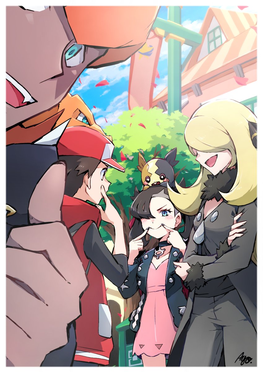 2boys 2girls :d asymmetrical_bangs ayo_(ayosanri009) black_choker black_jacket black_nails blonde_hair border choker coat commentary_request creatures_(company) cynthia_(pokemon) dark-skinned_male dark_skin dress fingersmile fur-trimmed_coat fur_collar fur_trim game_freak gen_8_pokemon hair_ornament hair_over_one_eye hair_ribbon hands_up highres jacket marnie_(pokemon) morpeko morpeko_(full) multiple_boys multiple_girls nail_polish nintendo open_clothes open_jacket open_mouth pants pink_dress pokemon pokemon_dppt pokemon_masters_ex pokemon_swsh raihan_(pokemon) red_(pokemon) red_(sygna_suit)_(pokemon) red_ribbon ribbon selfie signature smile thumbs_up v-neck white_border