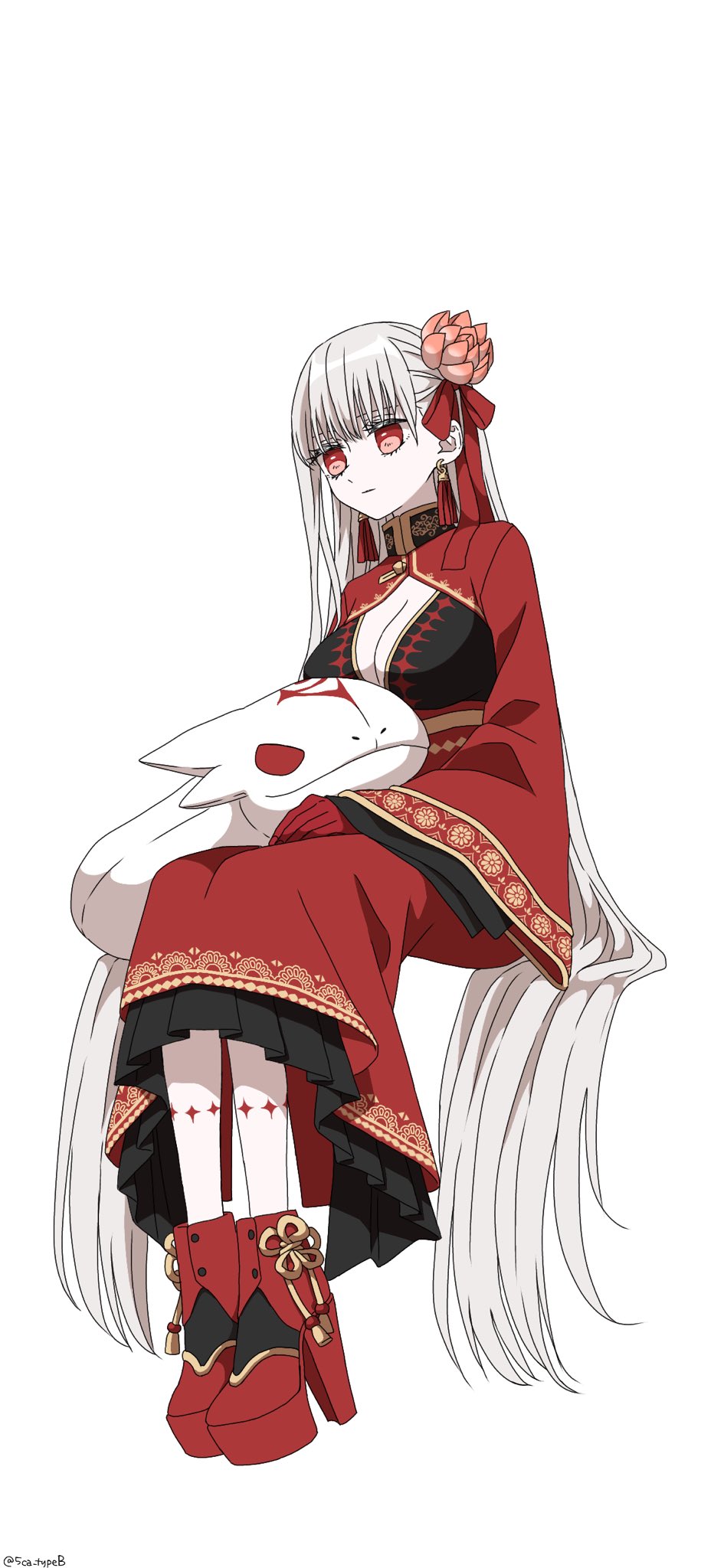 1girl 5ca_typeb absurdly_long_hair adapted_costume alternate_costume ankle_boots artist_name black_bra boots bra breasts cleavage closed_mouth colored_extremities durga_(fate) durga_(second_ascension)_(fate) earrings expressionless fate/grand_order fate_(series) flower full_body hair_flower hair_ornament hair_ribbon hand_on_lap high_heel_boots high_heels highres invisible_chair jewelry large_breasts layered_skirt leg_tattoo legs_together long_hair long_skirt long_sleeves lotus platform_footwear popped_collar red_eyes red_footwear red_hands red_ribbon red_shrug red_skirt ribbon shrug_(clothing) simple_background sitting skirt snake solo straight_hair stuffed_animal stuffed_snake stuffed_toy tassel tassel_earrings tattoo twitter_username underwear very_long_hair white_background white_hair white_snake wide_sleeves wispy_bangs