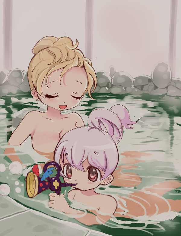 2girls bathing blonde_hair breasts bubble cleavage closed_mouth mahou_shoujo_madoka_magica mahou_shoujo_madoka_magica:_hangyaku_no_monogatari momoe_nagisa multiple_girls onsen partially_submerged pool tomoe_mami toshi_(little-fluffy-cloud) white_hair