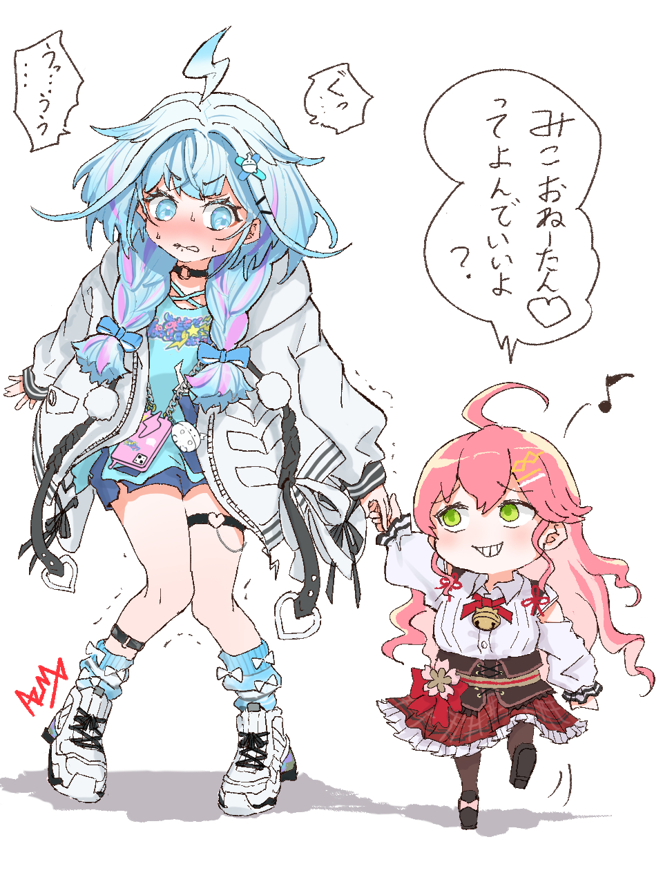 2girls ahoge animal_hood azuma_(azmdraw) black_choker blue_eyes blue_shirt blue_shorts blush braid cellphone choker clenched_teeth collared_shirt deformed evil_grin evil_smile frilled_sleeves frills full_body green_eyes grin hair_ornament hairclip heart_o-ring highres holding_hands hololive hololive_dev_is hood hooded_jacket jacket lightning_ahoge long_hair long_sleeves looking_at_another low_twin_braids mizumiya_su multicolored_hair multiple_girls musical_note o-ring o-ring_choker official_alternate_costume phone pink_hair plaid_clothes plaid_skirt rabbit_hood red_skirt sakura_miko sakura_miko_(casual) shirt short_shorts shorts simple_background skirt smartphone smile smug streaked_hair sweatdrop t-shirt teeth thigh_strap translation_request trembling twin_braids virtual_youtuber white_background white_jacket white_shirt