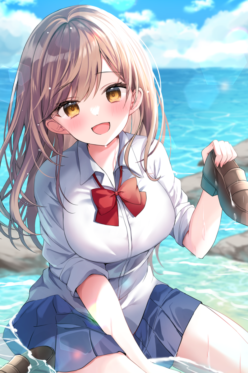 1girl between_legs blush breasts collared_shirt hamico hand_between_legs highres holding_shoe large_breasts light_brown_hair long_hair looking_at_viewer neck_ribbon ocean open_mouth original outdoors pleated_skirt red_ribbon ribbon school_uniform serafuku shirt sitting skirt smile solo wariza wet wet_clothes white_shirt yellow_eyes