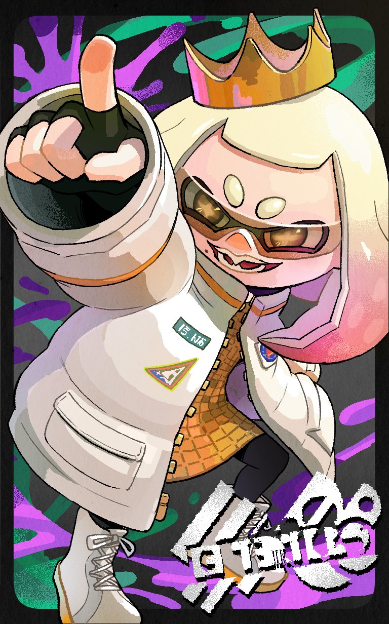 1girl black_pantyhose coat crown fingerless_gloves gloves high_tops highres inkling mole mole_under_mouth nakai_mina nintendo pantyhose pearl_(splatoon) pointing pointing_up shoes sneakers splatoon_(series) splatoon_3 splatoon_3:_side_order splatter_background sunglasses white_coat