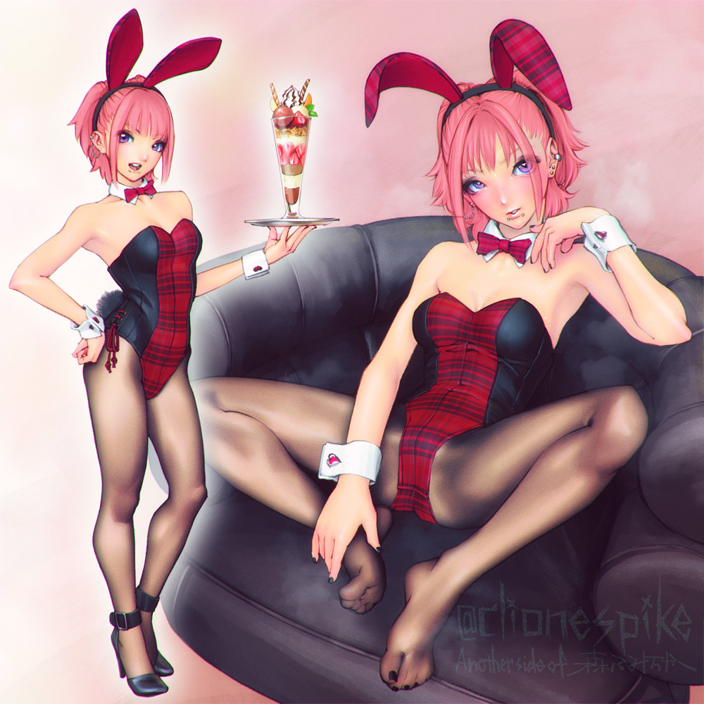 1girl animal_ears fake_animal_ears feet food fumichika_mori hand_on_own_hip highres ice_cream leotard long_hair looking_at_viewer open_mouth pantyhose parted_lips pink_hair playboy_bunny purple_eyes soles sundae toes tray