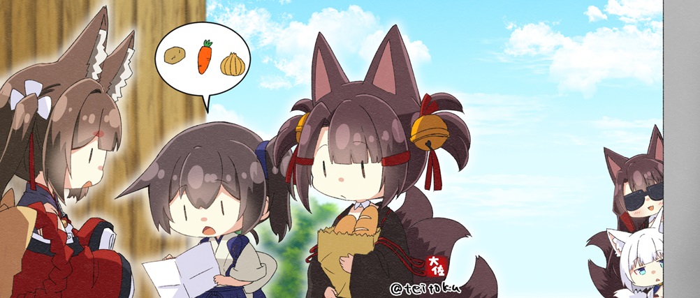 5girls akagi-chan_(azur_lane) akagi_(azur_lane) amagi-chan_(azur_lane) animal_ears azur_lane bag bread carrot chibi crossover dougi food fox_ears fox_girl fox_tail hakama hakama_skirt hikimayu historical_name_connection japanese_clothes kaga_(azur_lane) kaga_(kancolle) kantai_collection kitsune kyuubi multiple_girls multiple_tails name_connection onion paper_bag potato rope shimenawa side_ponytail skirt sunglasses tail taisa_(kari) tasuki