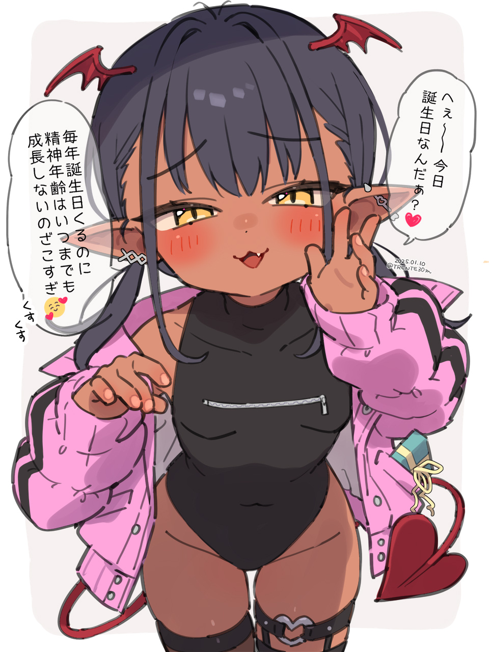 1girl :3 black_hair black_leotard blush breasts brown_succubus-chan_(trente) commentary_request dark-skinned_female dark_skin demon_girl demon_tail ear_piercing fang head_wings highres jacket leotard looking_at_viewer open_clothes open_jacket open_mouth original piercing pink_jacket pointy_ears slit_pupils small_breasts solo tail thigh_strap translation_request trente whispering wings yellow_eyes