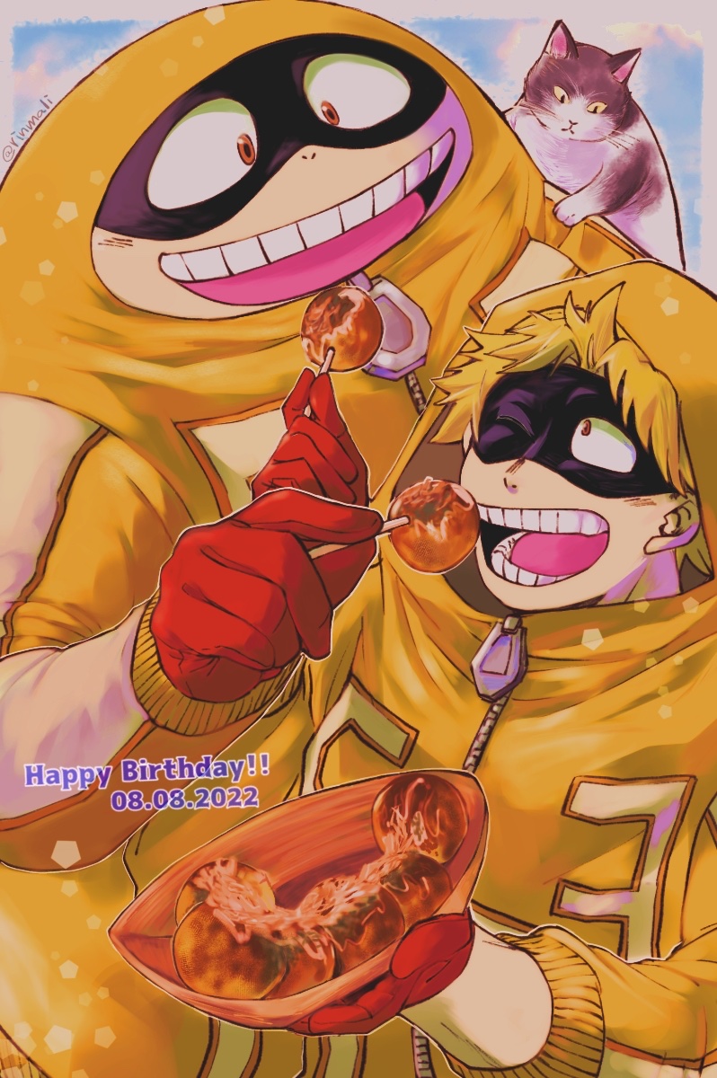 2boys animal animal_on_shoulder black_mask blonde_hair boku_no_hero_academia bowl cat cat_on_shoulder commentary_request dual_persona eye_mask fat fat_gum_(boku_no_hero_academia) fat_man feeding food gloves happy_birthday highres holding holding_bowl holding_food hood hood_up hooded_jacket jacket linmari long_sleeves looking_at_another male_focus multiple_boys one_eye_closed open_mouth orange_eyes red_gloves short_hair smile takoyaki teeth yellow_jacket zipper_pull_tab