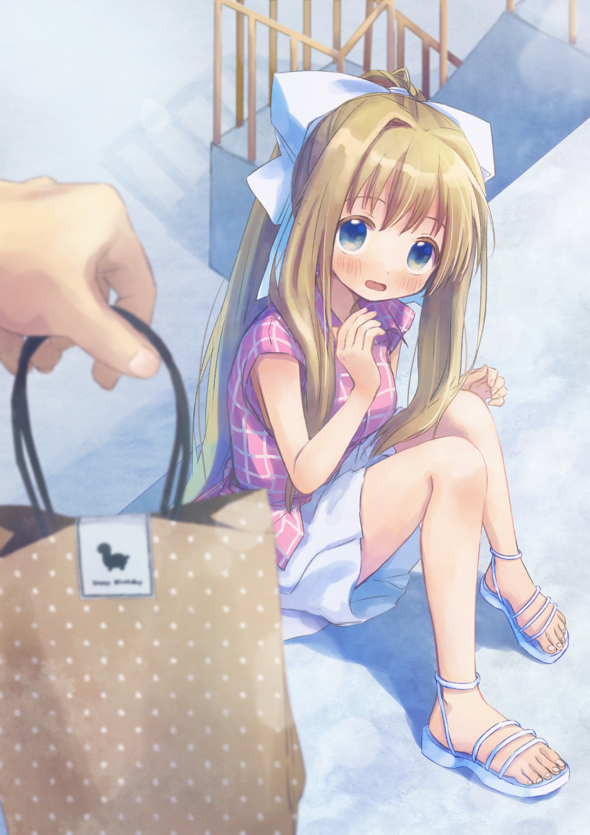 1girl 1other air_(visual_novel) bag blonde_hair blue_eyes casual collarbone commentary_request full_body hair_ribbon highres hikari_(0607_hikari) kamio_misuzu long_hair pink_shirt railing ribbon shirt sidelocks skirt solo_focus toeless_footwear white_skirt