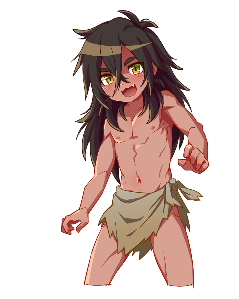 1boy :3 black_hair brown_eyes chiri_tsumoo dark_skin fang hair_between_eyes long_hair male_focus messy_hair muscular navel nipples open_mouth original topless_male simple_background solo tribal white_background