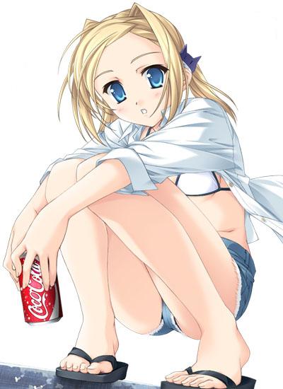 1girl akino_takehiko bettou_izumi-shizuka_scarlett bikini blonde_hair blue_eyes can coca-cola cutoffs denim denim_shorts drink drink_can female_focus flat_chest flip-flops long_hair sandals scarlett shorts soda_can solo squatting swimsuit