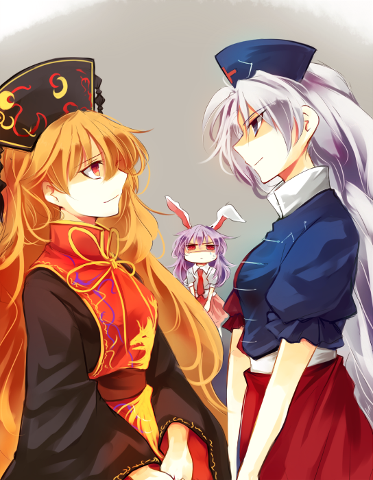 3girls animal_ears blue_eyes chinese_clothes crescent cross dress eye_contact face-to-face female_focus hat junko_(touhou) kutsuki_kai long_hair long_sleeves looking_at_another multiple_girls necktie nurse_cap orange_hair puffy_short_sleeves puffy_sleeves purple_hair rabbit_ears red_cross red_eyes red_necktie reisen_udongein_inaba sash shaded_face short_sleeves silver_hair smile sweat tabard touhou upper_body wide_sleeves yagokoro_eirin