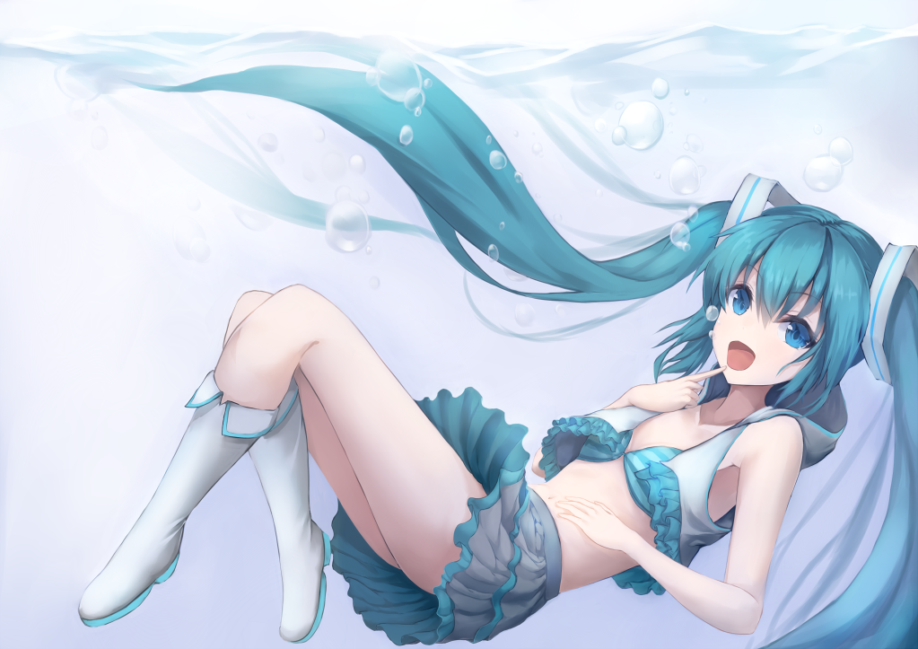 1girl :d bikini bikini_top_only blue_bikini blue_eyes blue_hair boots breasts bubble cleavage finger_to_mouth floating_hair from_side full_body grey_skirt hair_between_eyes hatsune_miku index_finger_raised knee_boots kuronosu_(yamada1230) layered_skirt long_hair miniskirt open_mouth pleated_skirt skirt small_breasts smile solo striped_bikini striped_bikini_top striped_clothes swimsuit twintails very_long_hair vocaloid white_footwear