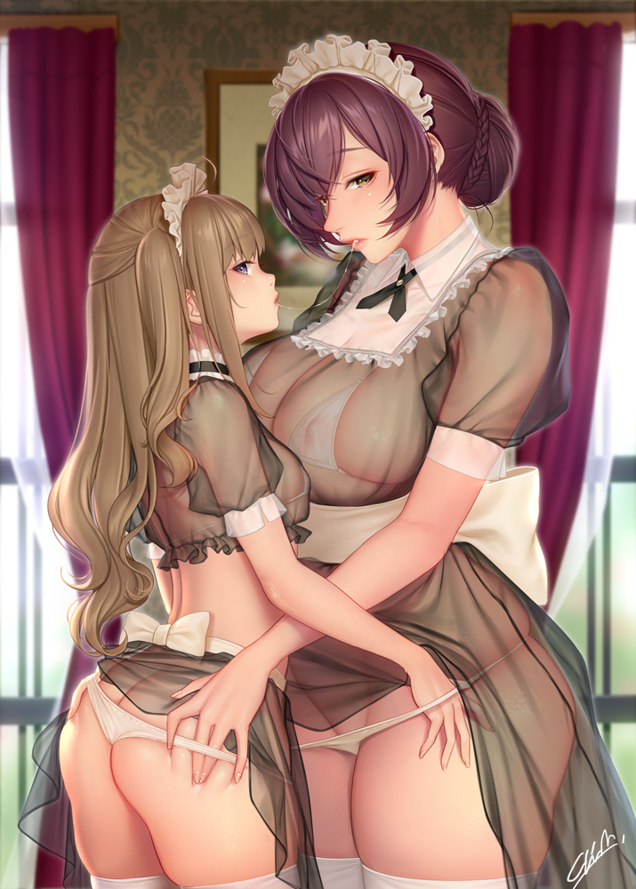 masami chie, original, white legwear, commentary request, 2girls, after  kiss, age difference, ass, bra, breasts, brown hair, cowboy shot, dress,  hair bun, hands on ass, height difference, indoors, large breasts, loli,  long