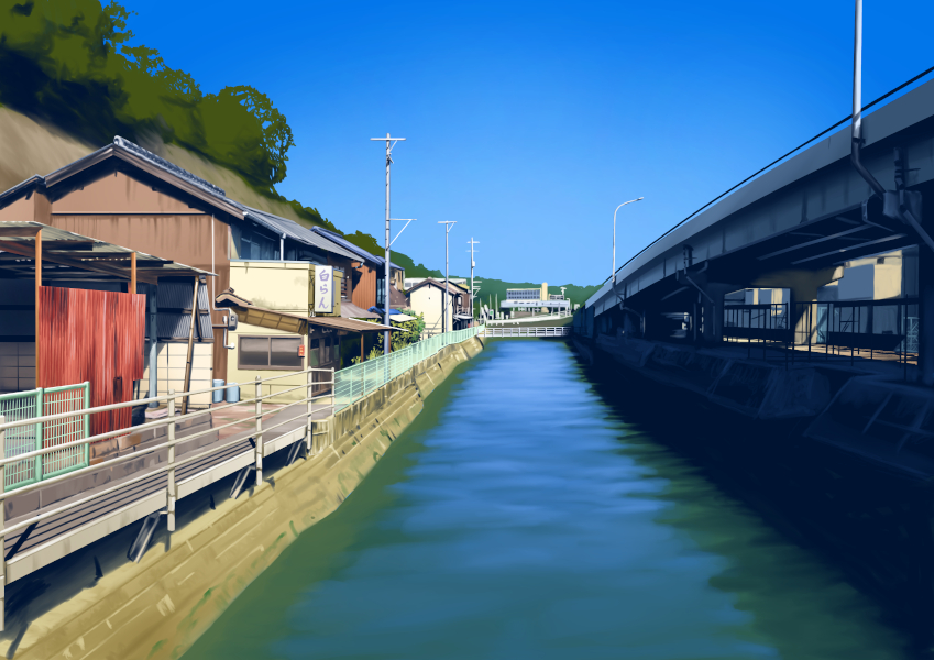 blue_sky bridge building canal day lamppost no_humans original outdoors princeeugen2 rural sky