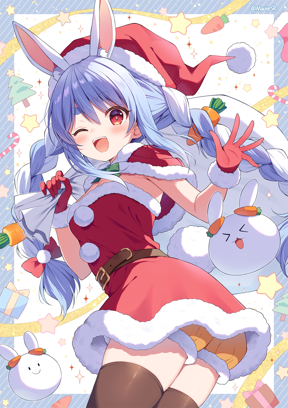 1girl ;d animal_ear_fluff animal_ears blue_hair blush braid brown_thighhighs capelet carrot_hair_ornament commentary_request dress food-themed_hair_ornament fur-trimmed_capelet fur-trimmed_dress fur-trimmed_gloves fur-trimmed_headwear fur-trimmed_shorts fur_trim gloves hair_between_eyes hair_ornament hands_up hat highres holding holding_sandals hololive looking_at_viewer looking_to_the_side mauve multicolored_hair one_eye_closed open_mouth orange_shorts pekomon_(usada_pekora) rabbit_ears red_capelet red_dress red_eyes red_gloves red_hat sandals santa_costume santa_hat short_eyebrows short_shorts shorts smile thick_eyebrows thighhighs twin_braids twintails twitter_username two-tone_hair usada_pekora virtual_youtuber white_hair