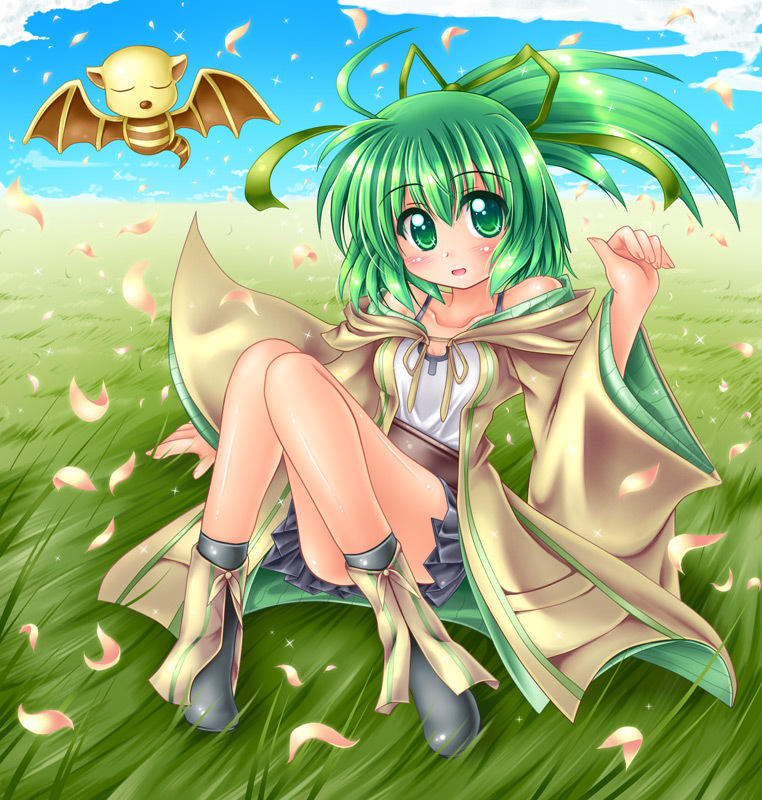 blush dragon duel_monster closed_eyes green_hair monster petit_dragon wynn_the_wind_charmer yu-gi-oh!