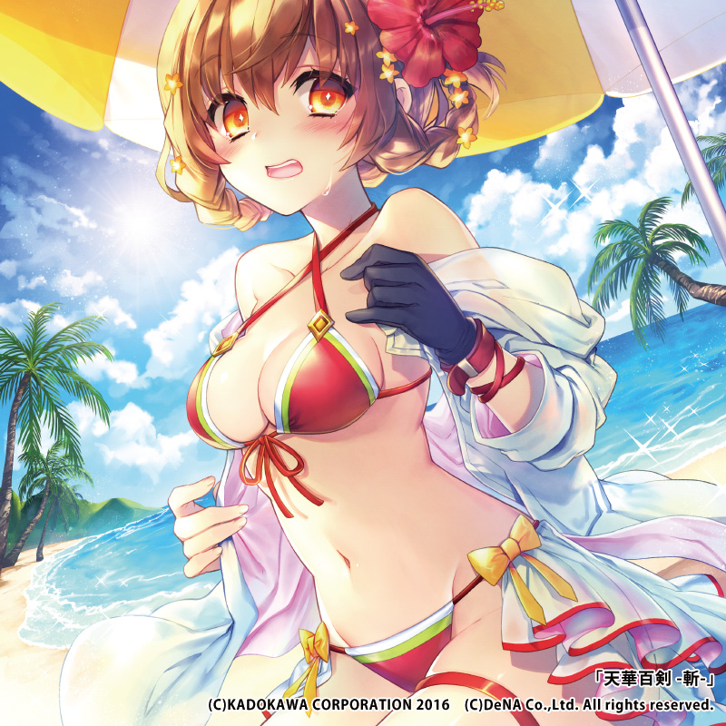 1girl beach beach_umbrella bikini blush bow braid brown_eyes brown_hair flower gloves hair_flower hair_ornament hood hoodie looking_at_viewer personification red_bikini renta_(deja-vu) shimazu_masamune single_glove solo sweatdrop swimsuit tenka_hyakken thigh_strap twin_braids umbrella white_hoodie yellow_bow