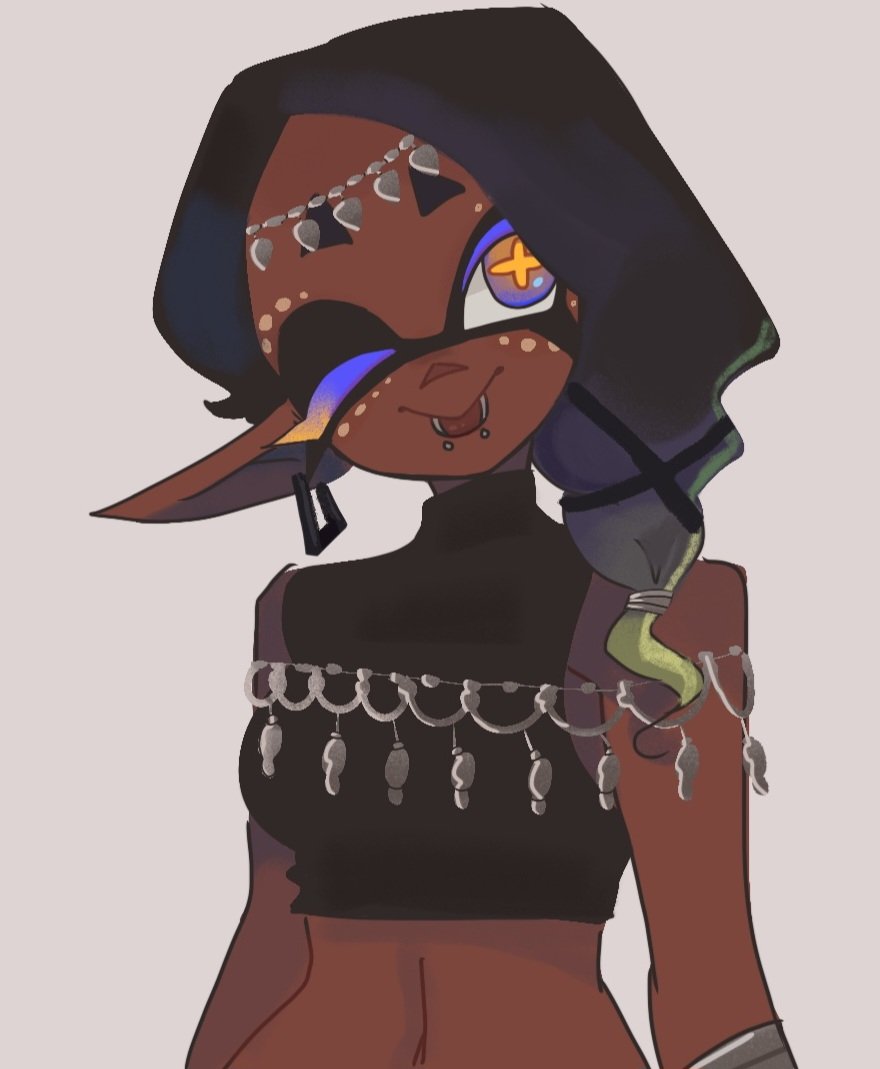 1girl blue_eyes dark-skinned_female dark_skin domino_mask frye_(splatoon) gradient_eyes grey_background mask midriff multicolored_eyes navel nintendo one_eye_closed pointy_ears simple_background sleeveless solo splatoon_(series) splatoon_3 tentacle_hair tripledip upper_body yellow_eyes yellow_pupils