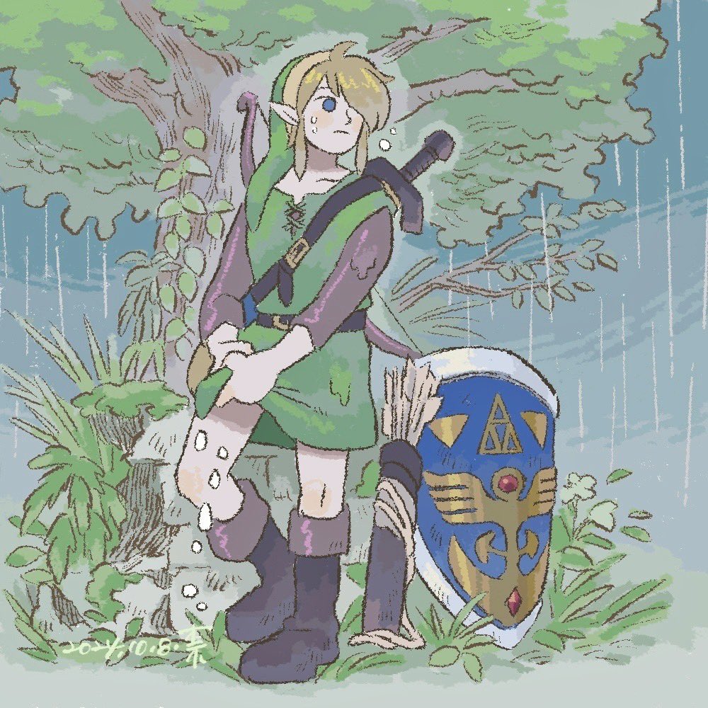 1boy belt blonde_hair blue_eyes blush boots bow_(weapon) brick_wall grass hair_over_one_eye hat ivy leaf link looking_to_the_side male_focus nintendo pointy_ears quiver rain salinger_i shield solo sword the_legend_of_zelda the_legend_of_zelda:_a_link_to_the_past tree tunic weapon wet wringing_clothes