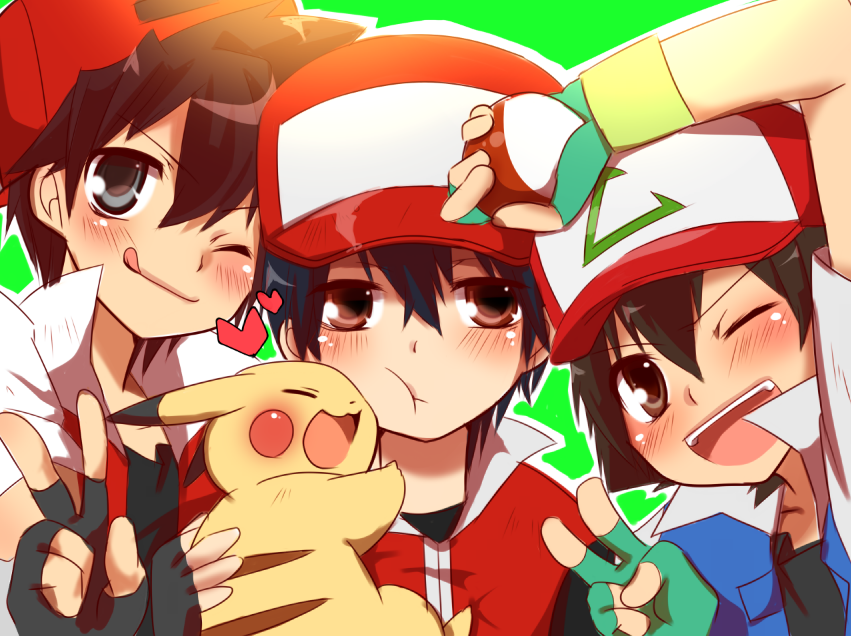 3boys aqua_eyes ash_ketchum black_hair black_shirt blue_jacket brown_eyes brown_hair closed_eyes creatures_(company) fingerless_gloves game_freak gen_1_pokemon gloves happy hat heart jacket male_focus multiple_boys nekonekopunyann nintendo open_mouth pikachu poke_ball poke_ball_(basic) pokemon pokemon_(anime) pokemon_(classic_anime) pokemon_(creature) pokemon_adventures pokemon_rgby red_(pokemon) red_jacket shirt smile v