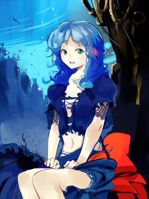 blue_hair dress green_eyes igarashi_mangou long_hair midriff original sitting solo