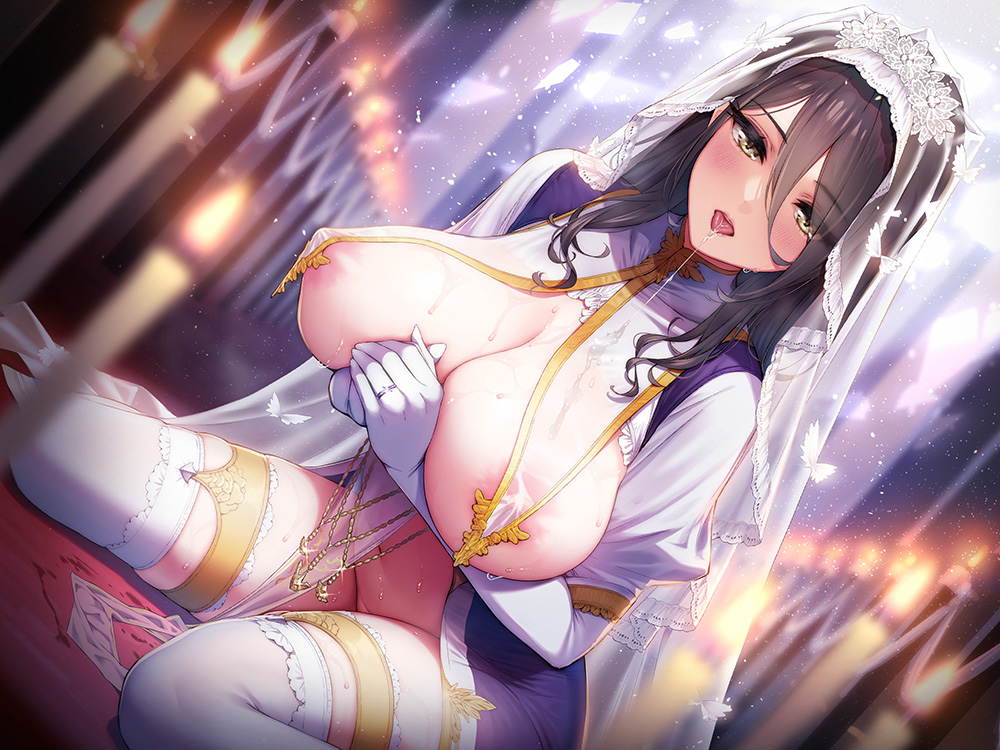 1girl black_hair blurry blurry_background blurry_foreground blush breast_curtains breasts bridal_veil candle chain church commentary_request covered_erect_nipples drooling dutch_angle elbow_gloves game_cg gloves gold_chain habit hair_between_eyes indoors jewelry large_breasts long_bangs long_hair looking_at_viewer navel nun ogre_(illustogre) on_floor open_mouth original own_hands_clasped own_hands_together revealing_clothes ring sitting solo thighhighs tongue tongue_out veil wariza wedding_ring white_gloves white_thighhighs white_veil yellow_eyes