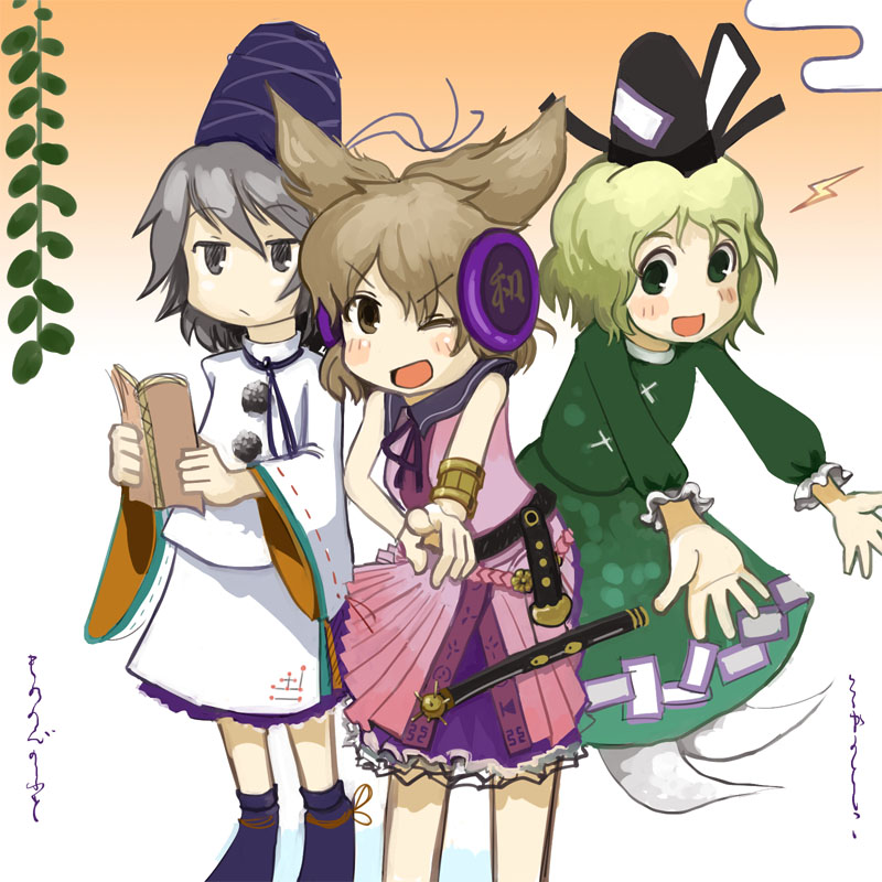 3girls book brown_eyes brown_hair dress female_focus ghost green_eyes green_hair grey_eyes grey_hair hat headphones japanese_clothes maku_(artist) maku_(wasabishock) mononobe_no_futo multiple_girls nichijou one_eye_closed open_mouth pointing ponytail ritual_baton sheath short_hair skirt smile soga_no_tojiko sword tate_eboshi touhou toyosatomimi_no_miko weapon wink