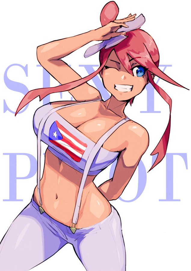 1girl 2024_pokemon_teraleak arm_behind_back bare_arms blue_eyes breasts collarbone creatures_(company) game_freak large_breasts midriff navel nintendo one_eye_closed pants pokemon pokemon_bw puerto_rican_flag puerto_rico red_hair salute skyla_(pokemon) smile solo suspenders teeth white_pants yodokogon