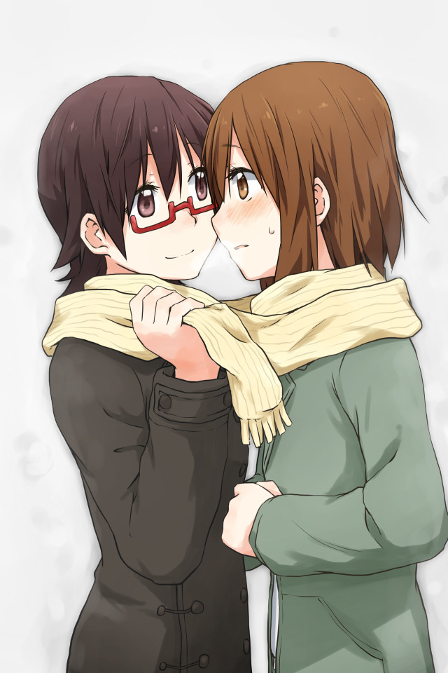 2girls blush brown_eyes brown_hair coat eye_contact glasses hirasawa_yui k-on! kagiana looking_at_another manabe_nodoka multiple_girls red-framed_eyewear scarf shared_clothes shared_scarf yuri