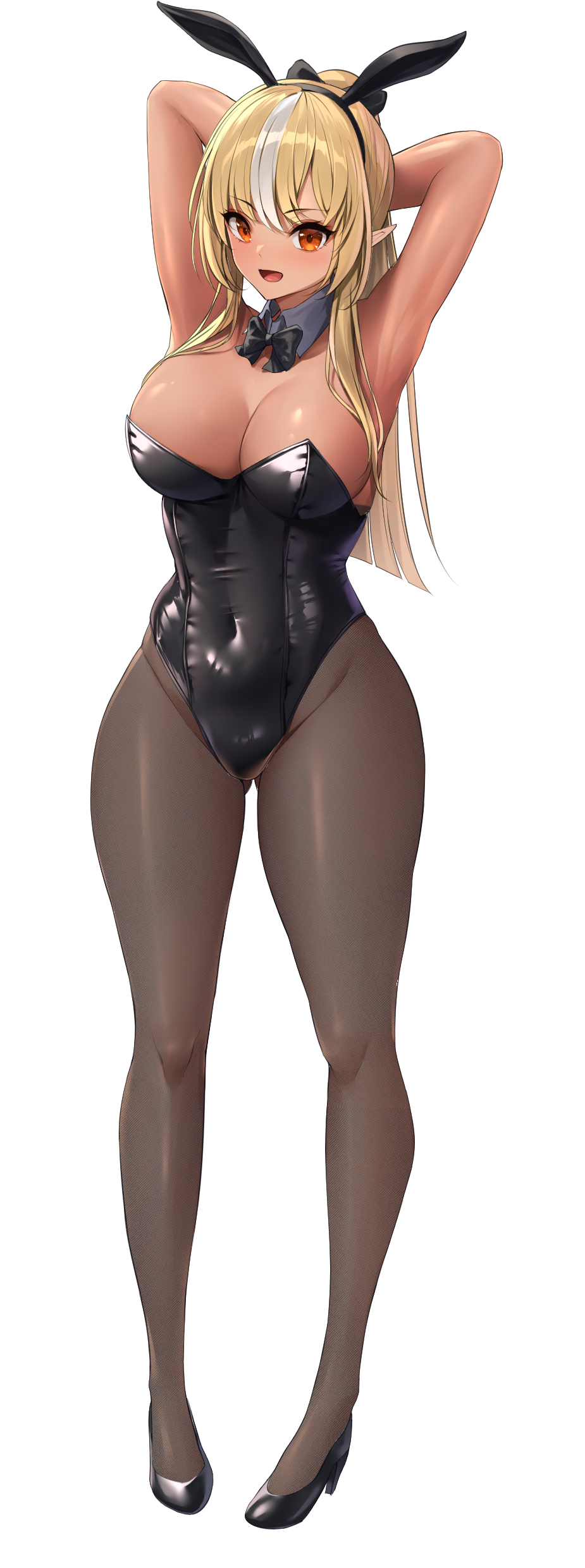 1girl absurdres animal_ears armpits arms_behind_head arms_up black_bow black_bowtie black_footwear black_leotard black_pantyhose blonde_hair blush bow bowtie breasts cleavage covered_navel dark-skinned_female dark_skin detached_collar elf fake_animal_ears full_body high_heels highleg highleg_leotard highres hololive laimer large_breasts leotard long_hair looking_at_viewer multicolored_hair open_mouth orange_eyes pantyhose playboy_bunny pointy_ears ponytail rabbit_ears shiranui_flare smile solo strapless strapless_leotard streaked_hair virtual_youtuber white_background white_hair