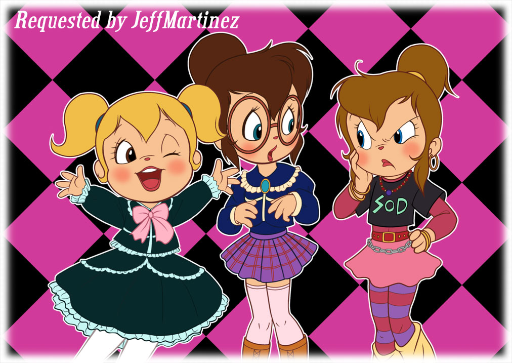 3girls alternate_costume alvin_and_the_chipmunks belt blonde_hair blue_eyes brittany_miller brown_eyes brown_hair chain chipettes dress eleanor_miller glasses gothic_lolita hair_bun jeanette_miller leggings lolita_fashion multiple_girls pantyhose ponytail ribbon single_hair_bun skirt twintails zackmolis