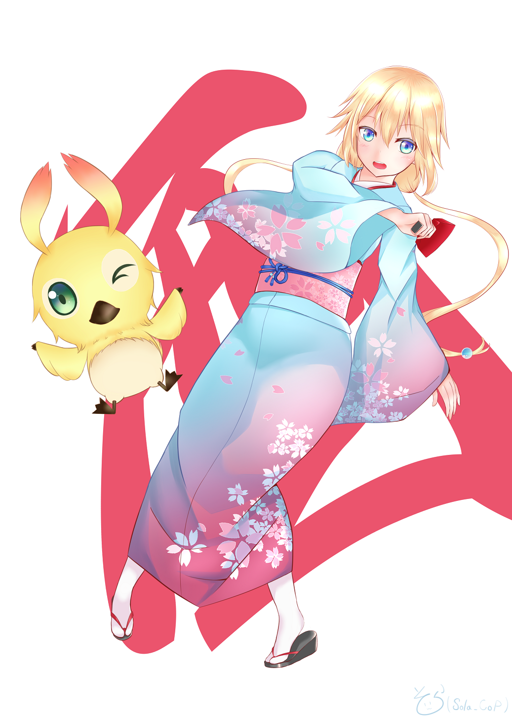 1girl blonde_hair blue_eyes cherry_blossom_print dutch_angle floral_print full_body geta gradient_clothes hair_between_eyes highres japanese_clothes kimono long_hair looking_at_viewer low_twintails obi one_eye_closed open_mouth phantasy_star phantasy_star_online_2 phantasy_star_online_2_the_animation rappy sandals sash sola_cop suzuki_aika tabi twintails very_long_hair wide_sleeves yukata