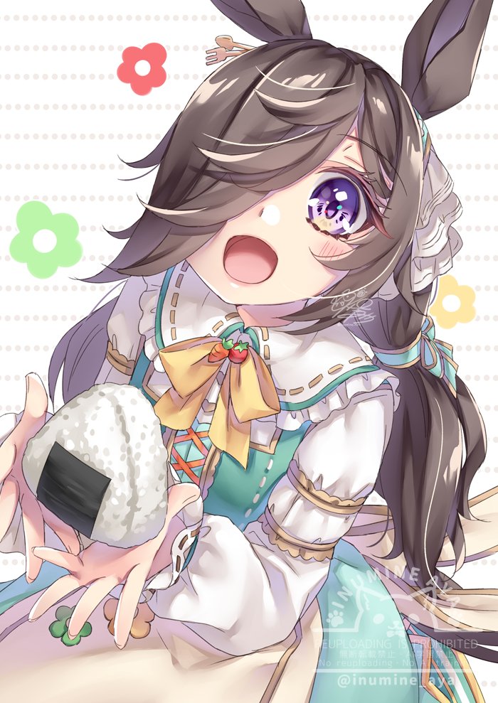 1girl alternate_hairstyle animal_ears blush breasts food hair_between_eyes hair_ornament hair_over_one_eye horse_ears horse_girl inumine_aya long_hair looking_at_viewer low_twintails official_alternate_costume onigiri purple_eyes rice_shower_(umamusume) rice_shower_(yummy_dreamy_fairy)_(umamusume) simple_background small_breasts solo twintails twitter_username umamusume watermark white_background